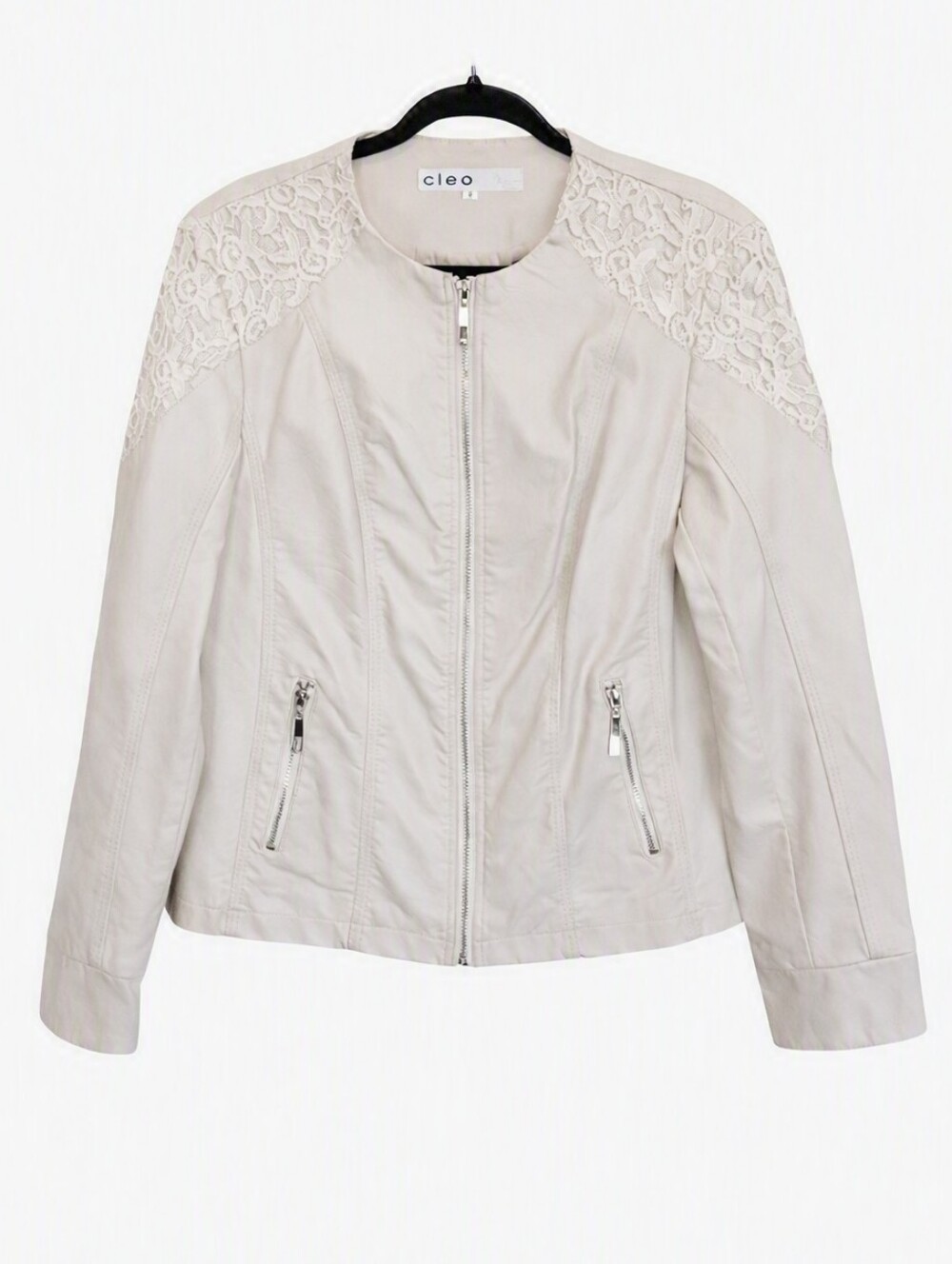 Cleo Faux Leather Jacket Cream Gold Lace Accent Vegan Collarless Moto Neutral
